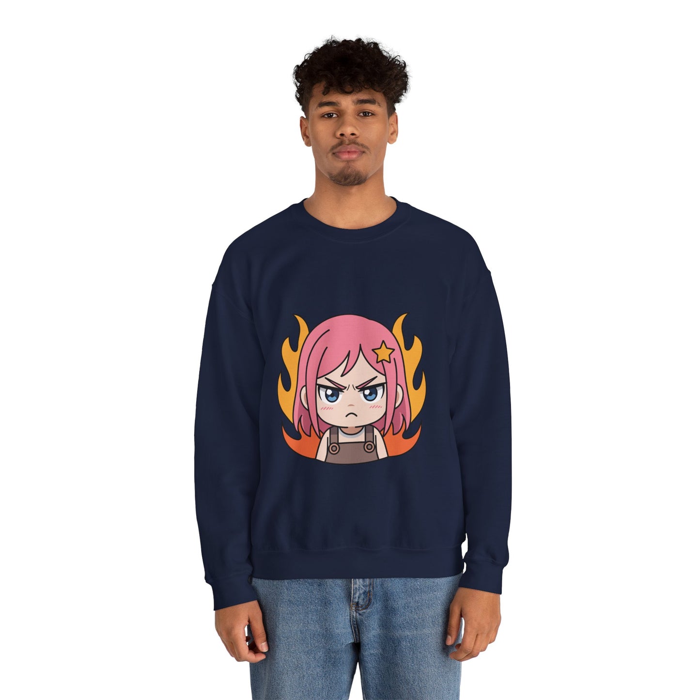 Sudadera de chica chibi enojada: adorable sudadera de cuello redondo con dibujos animados de anime y cabello flameante.