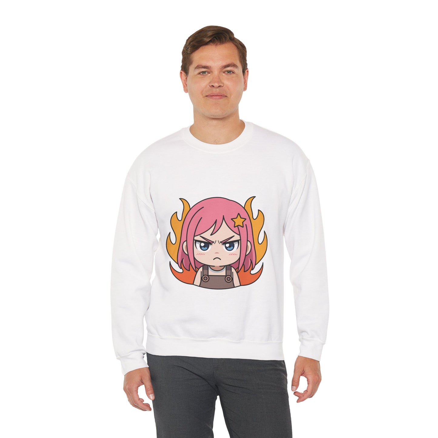 Sudadera de chica chibi enojada: adorable sudadera de cuello redondo con dibujos animados de anime y cabello flameante.