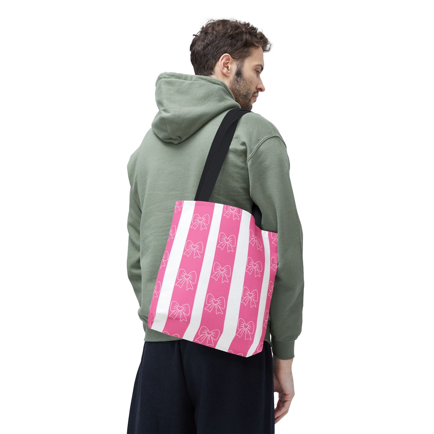 Pink Striped Bow Tote Bag — Cute Floral Bow Pattern All-Over Print Tote