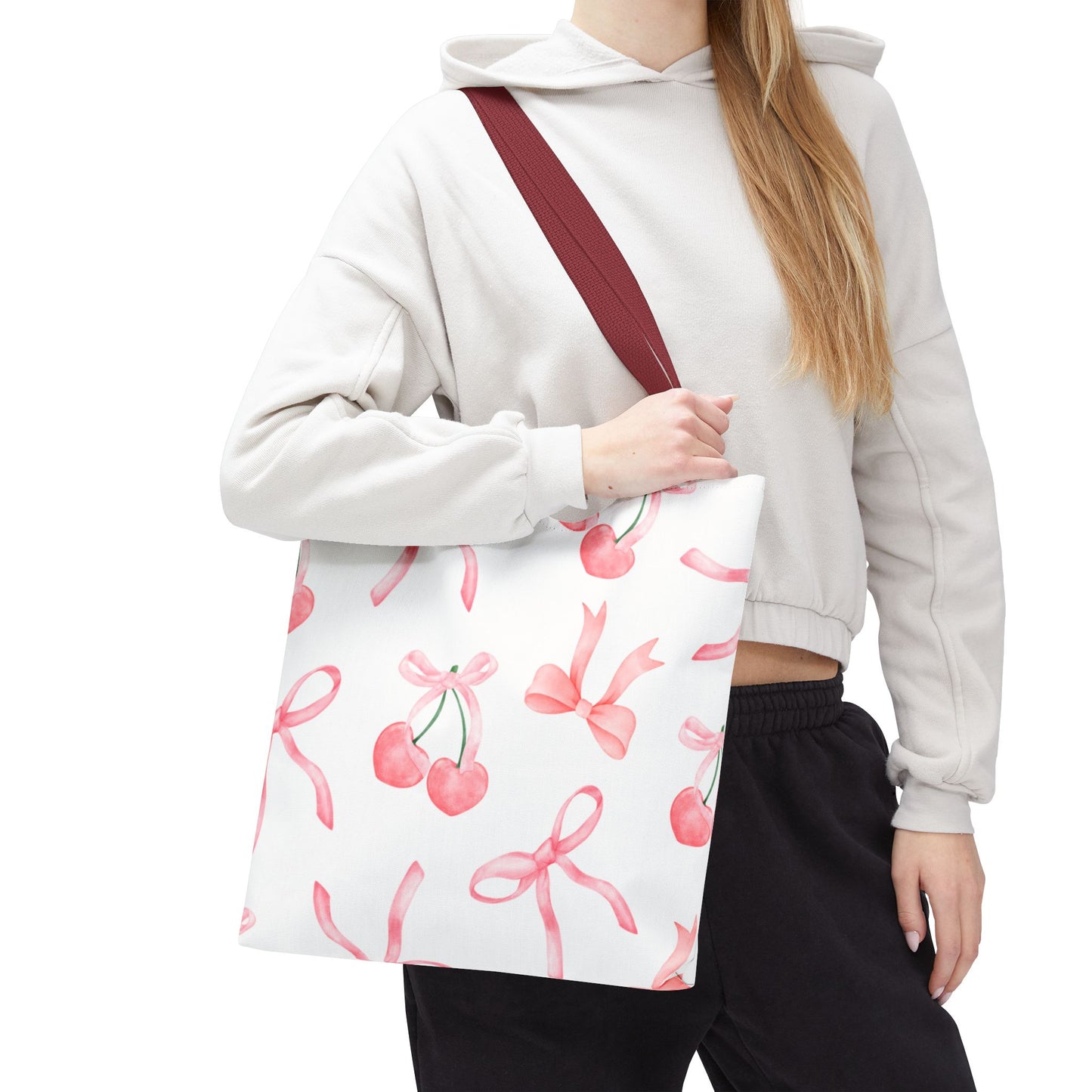 Pink Cherry Bow Tote Bag — Cute Watercolor Cherry Pattern