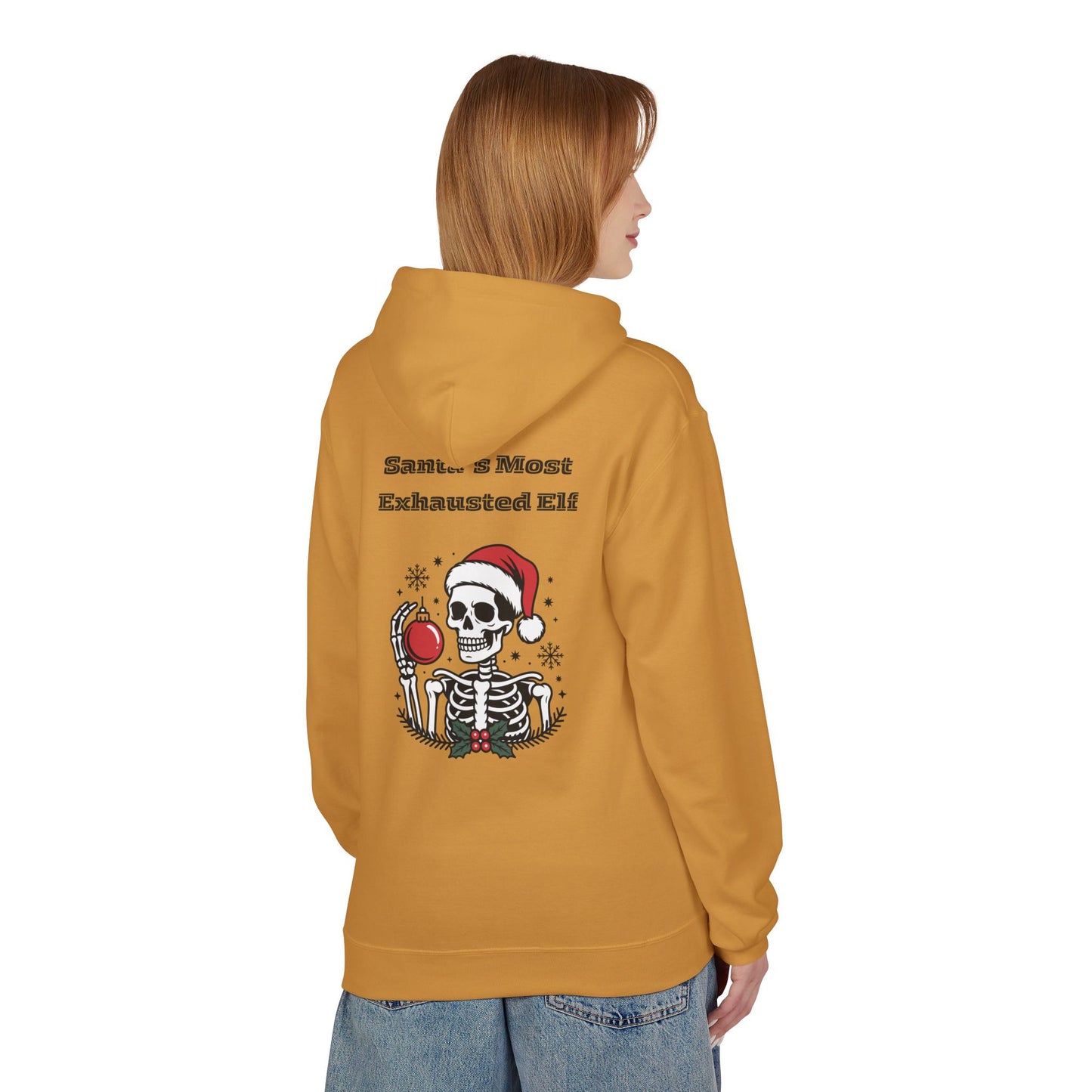 Weihnachtsmann-Hoodie mit erschöpftem Elfenmotiv – Lustiges Skelett-Weihnachts-Sweatshirt
